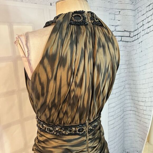 Carmen Marc Valvo Beaded Belted Ruched Silk Cocktail Green Evening Dress Size 4 - Picture 7 of 13